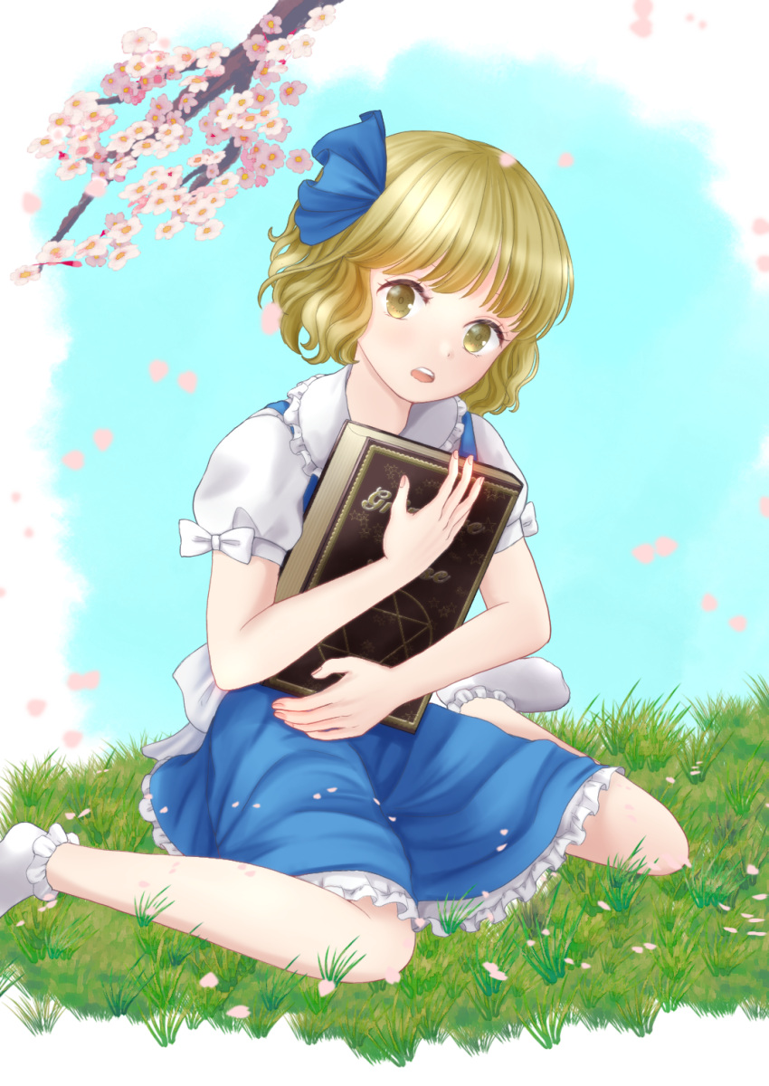 1girl alice_margatroid alice_margatroid_(pc-98) back_bow blonde_hair blouse blue_bow blue_ribbon blue_skirt blue_sky bobby_socks book bow cherry_blossoms day feet_out_of_frame frilled_skirt frills grass grimoire_of_alice hair_bow hair_ornament hair_ribbon highres holding holding_book kyabekko open_mouth outdoors ribbon short_hair short_sleeves sitting skirt sky socks solo suspenders touhou touhou_(pc-98) wariza white_blouse white_bow white_legwear yellow_eyes younger