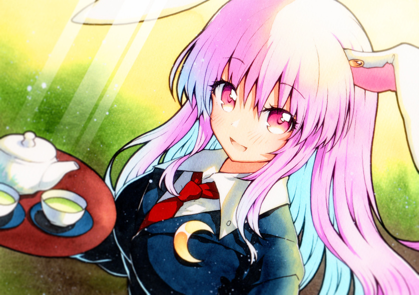 1girl animal_ears black_jacket blazer blush collared_shirt crescent crescent_pin eyebrows_visible_through_hair green_tea hair_between_eyes highres holding holding_tray jacket long_hair long_sleeves necktie open_mouth pink_hair qqqrinkappp rabbit_ears red_eyes red_necktie reisen_udongein_inaba shirt smile solo tea touhou traditional_media tray upper_body white_shirt