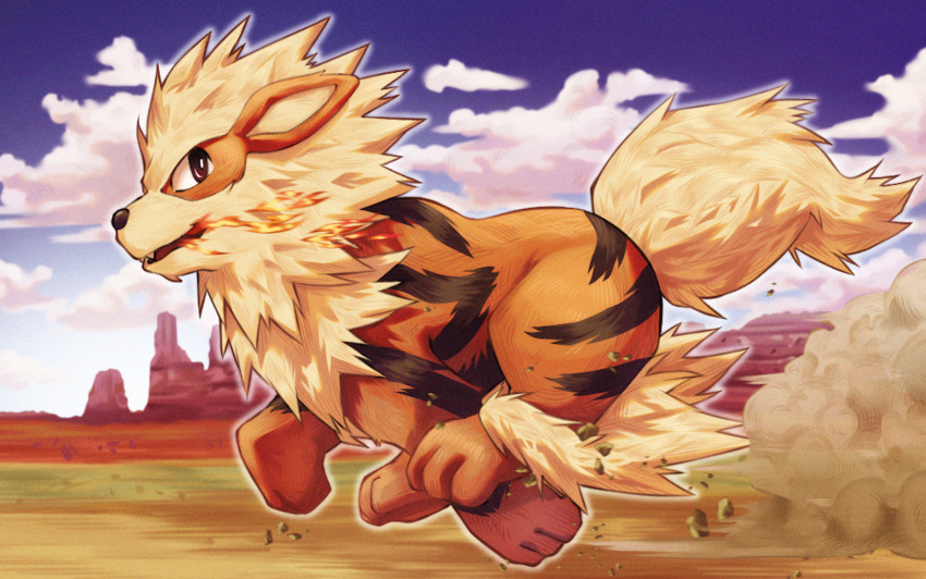 arcanine breathing_fire clouds commentary_request day desert dust fang fire from_side full_body highres kumage_kaigan no_humans outdoors pokemon pokemon_(creature) running sky solo