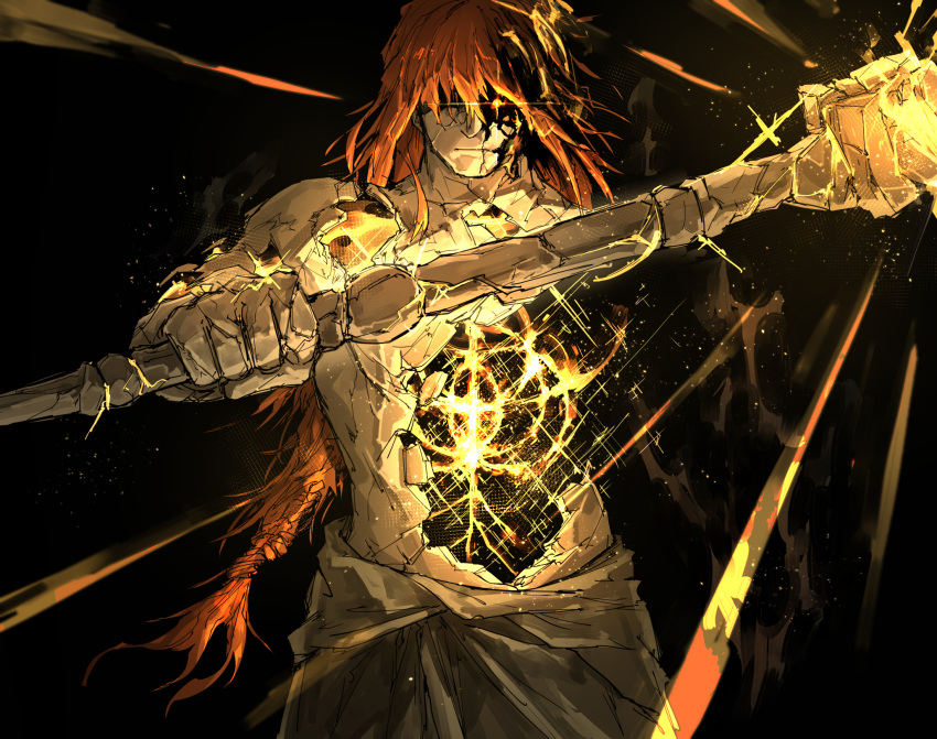 1boy braid closed_mouth cracked_skin elden_ring elden_ring_(object) glowing glowing_eyes hammer highres holding holding_hammer holding_weapon hole_in_chest hole_on_body kan_(aaaaari35) long_hair looking_at_viewer male_focus orange_hair radagon_of_the_golden_order solo spoilers topless_male very_long_hair weapon
