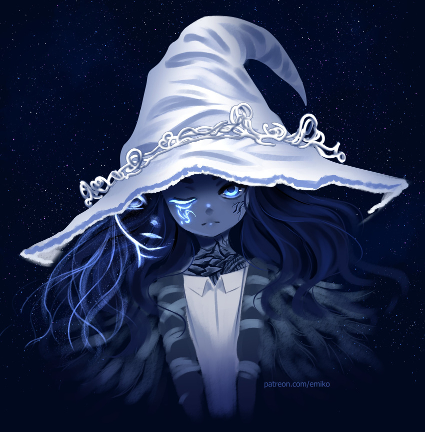 1girl absurdres blue_eyes blue_hair cloak closed_mouth dress elden_ring emiko_(ksparkart) extra_faces fur_cloak hat highres long_hair looking_at_viewer one_eye_closed patreon_username ranni_the_witch sky solo star_(sky) starry_sky upper_body white_dress white_headwear witch_hat