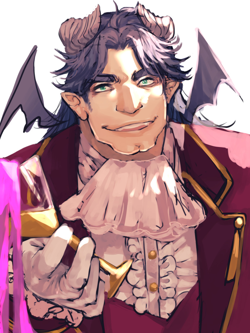 1boy cleft_chin cocktail_glass commentary_request cup demon_boy demon_horns drinking_glass formal frilled_shirt frills green_eyes hair_intakes highres holding holding_cup horns jabot long_hair long_sideburns looking_at_viewer lostdog121 lucifuge_(housamo) male_focus muscular muscular_male open_mouth pointy_ears purple_hair purple_liquid shirt sideburns sketch smile solo suit thick_eyebrows tokyo_afterschool_summoners white_background wings