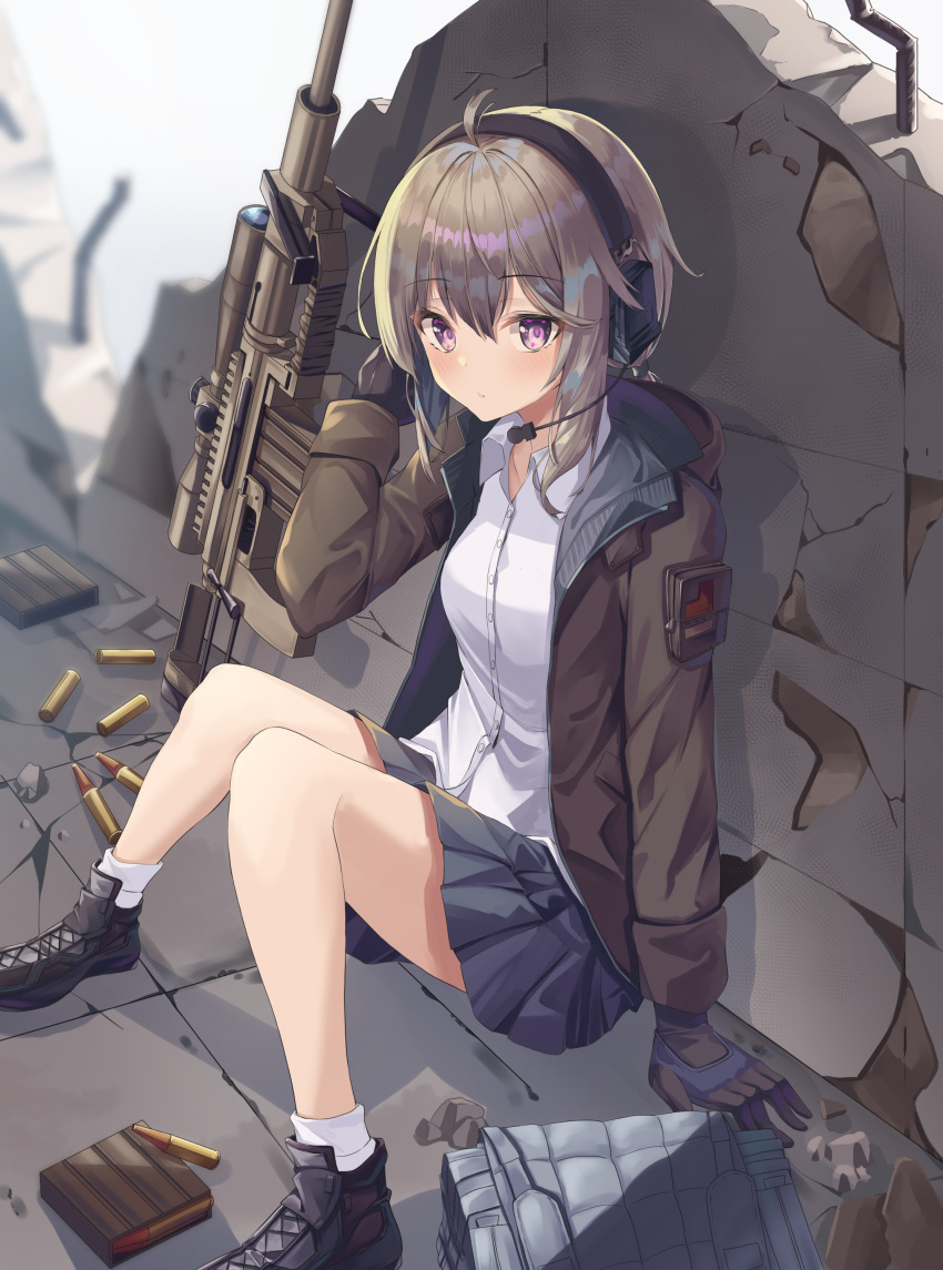 1girl absurdres ammunition bipod black_footwear black_skirt bolt_action boots brown_gloves brown_jacket cheytac_m200 collared_shirt girls_frontline gloves grey_hair gun hayaku_koko headset highres jacket light_purple_eyes long_sleeves low_ponytail m200_(girls'_frontline) magazine_(weapon) miniskirt open_clothes open_jacket pleated_skirt rifle scope shirt sitting skirt sniper_rifle sniper_scope socks solo weapon white_legwear white_shirt