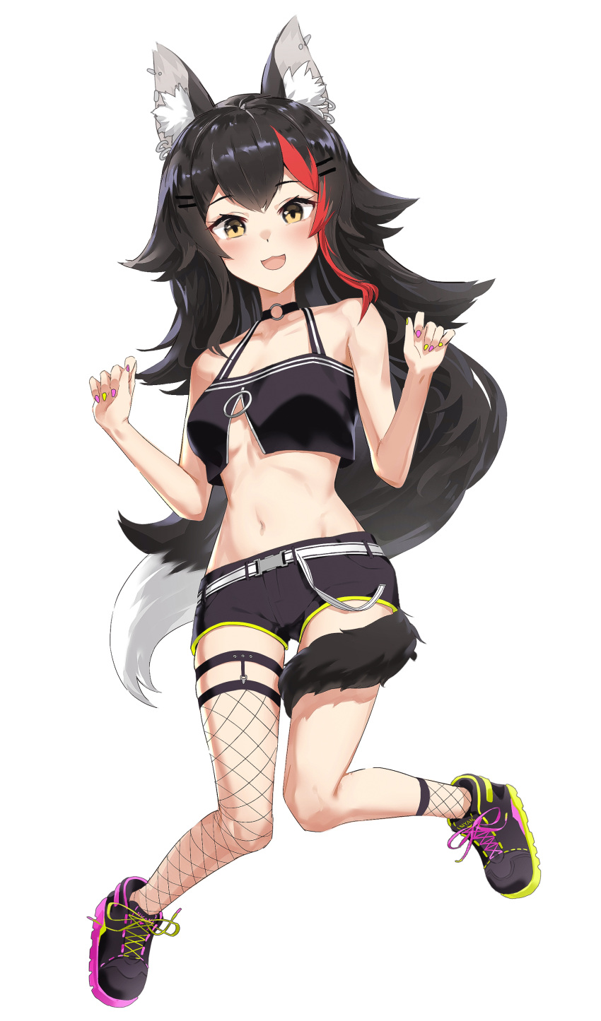 1girl absurdres animal_ear_fluff animal_ears asymmetrical_legwear black_hair breasts cosplay crop_top fishnets full_body highres hololive kimpanzi long_hair looking_at_viewer medium_breasts midriff multicolored_hair ookami_mio open_mouth shoes short_shorts shorts smile sneakers streaked_hair tail tokoyami_towa tokoyami_towa_(cosplay) under_boob very_long_hair virtual_youtuber wolf_ears wolf_girl wolf_tail yellow_eyes