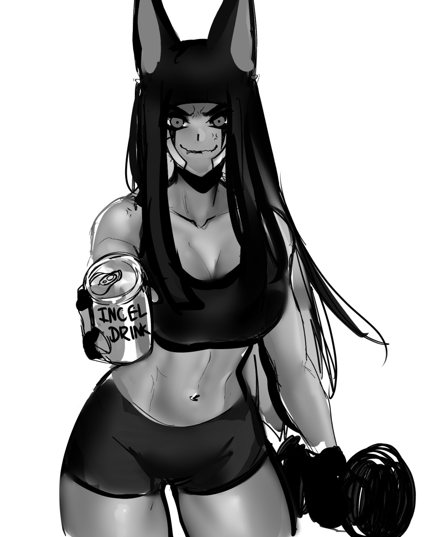 1girl abs absurdres animal_ears anput_(nsfwolf) bandaid bandaid_on_cheek bandaid_on_face bangs black_hair black_shirt blunt_bangs blunt_ends breasts can greyscale highres holding holding_can large_breasts midriff monochrome multicolored_hair nsfwolf original shirt sports_bra sportswear tomboy toned two-tone_hair weightlifting weights