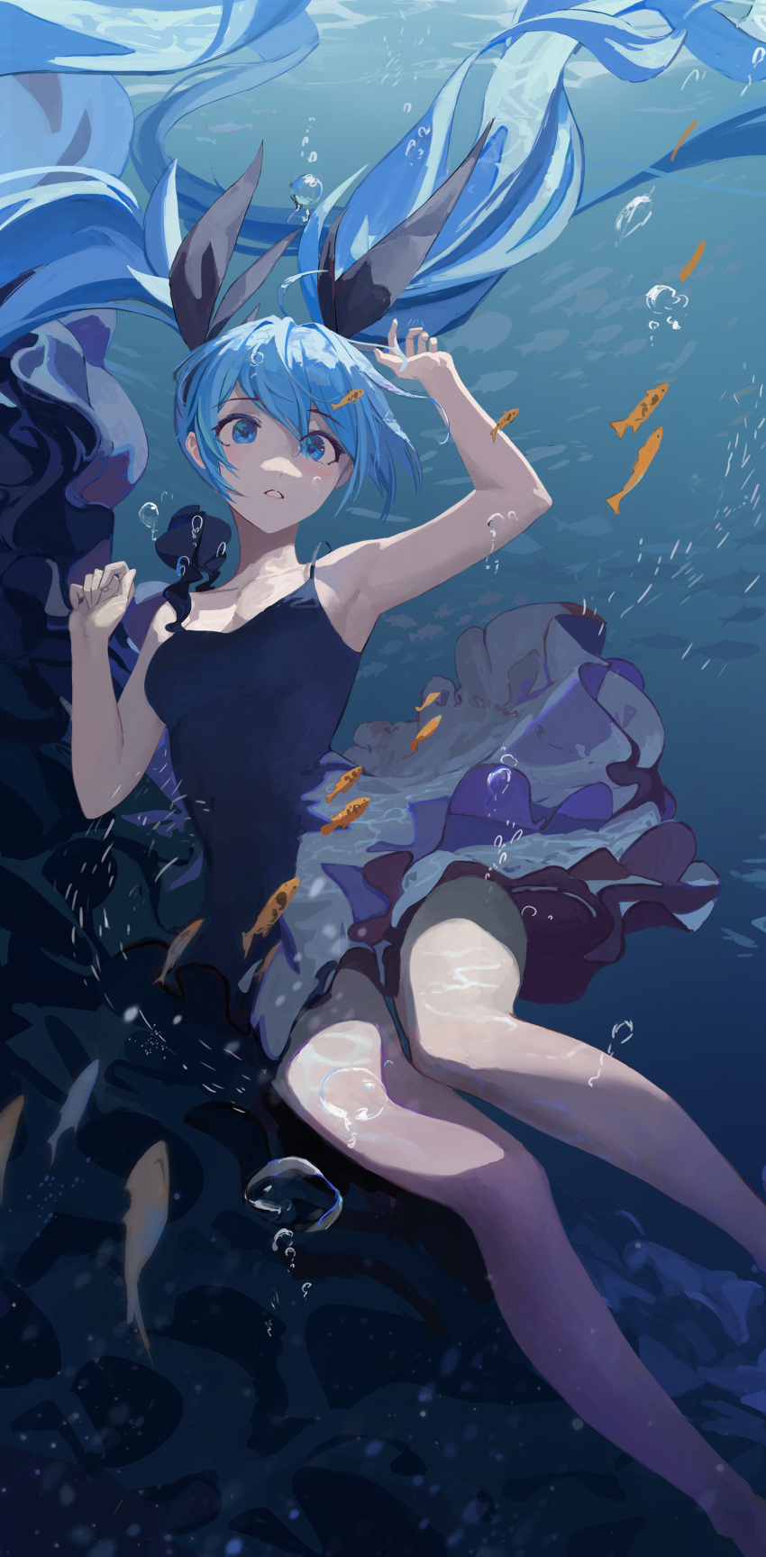 1girl absurdres armpits black_ribbon blue_eyes blue_hair blue_swimsuit breasts bubble darr1o dress_swimsuit fish hair_ribbon hatsune_miku highres looking_up ocean one-piece_swimsuit ribbon rock small_breasts solo swimsuit twintails underwater vocaloid