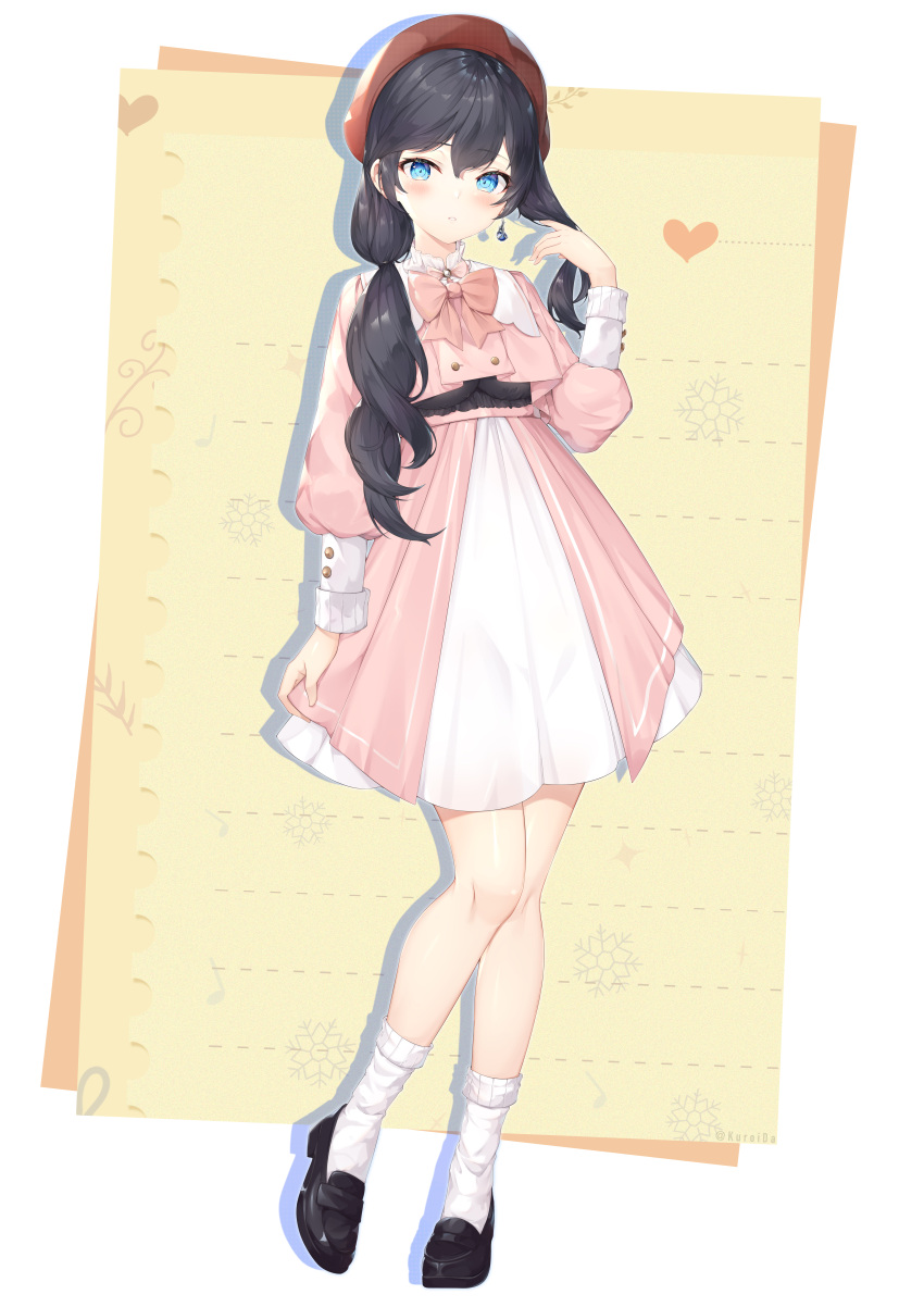 1girl absurdres arm_at_side bangs beret black_footwear black_hair blue_eyes bow bowtie breasts buttons dress earrings hand_up hat heart highres jewelry kuroida loafers long_hair long_sleeves looking_at_viewer medium_breasts original parted_lips pink_bow pink_bowtie pink_dress puffy_sleeves shoes single_earring socks solo standing white_legwear