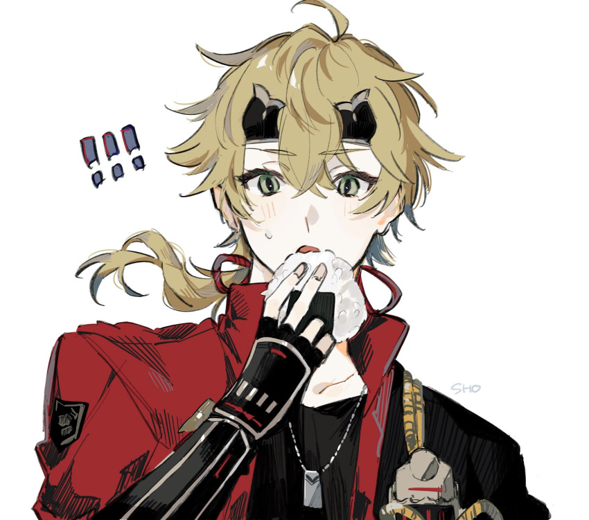 ! 1boy ahoge bangs black_gloves blonde_hair blush dog_tags fake_horns fingerless_gloves food genshin_impact gloves green_eyes hair_between_eyes headband highres holding holding_food horned_headwear horns japanese_clothes male_focus onigiri parted_lips ponytail sho_yai signature simple_background solo sweat symbol-only_commentary thoma_(genshin_impact) white_background