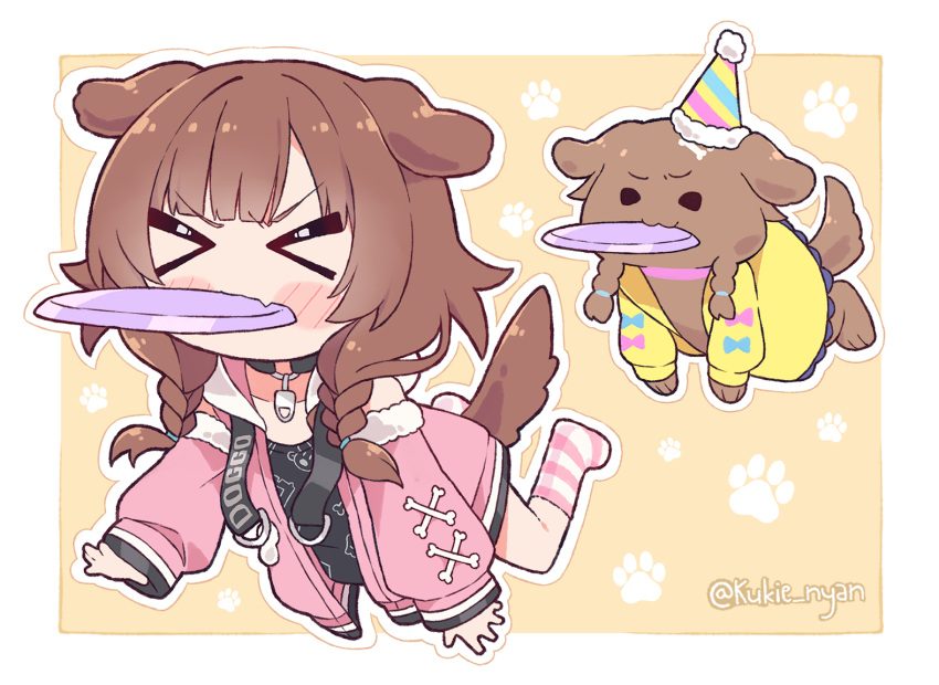 &gt;_&lt; 1girl :3 animal animal_ears bangs bare_shoulders black_dress blush_stickers bone_print border braid brown_hair chibi clothed_animal clothes_writing collar cross-laced_clothes cross-laced_sleeves dog dog_ears dog_girl dog_tail dress fang fur-trimmed_jacket fur_trim hair_over_shoulder hat hololive inugami_korone jacket jumping kukie-nyan long_hair long_sleeves mouth_hold no_shoes outline outside_border outstretched_arm party_hat paw_print pink_jacket plate print_dress short_dress skin_fang socks striped striped_headwear striped_legwear tail twin_braids twintails virtual_youtuber white_border white_outline yellow_background
