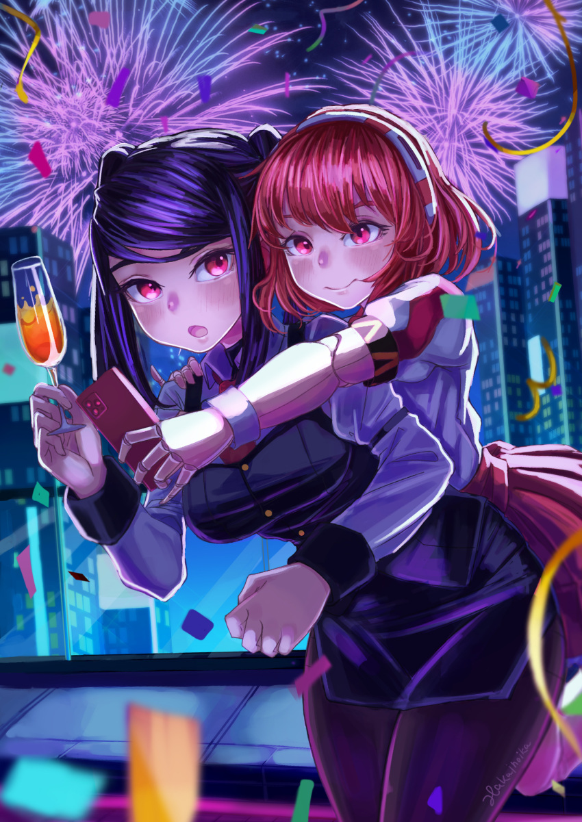 2girls :o android blurry blush breasts champagne_flute confetti cup depth_of_field dorothy_haze drinking_glass fireworks hakai_no_ika highres hug hug_from_behind jill_stingray joints leaning_forward long_hair medium_breasts multiple_girls multiple_views night night_sky pantyhose purple_hair red_eyes red_skirt redhead robot_joints selfie shirt short_hair short_sleeves signature skirt sky skyline va-11_hall-a white_shirt