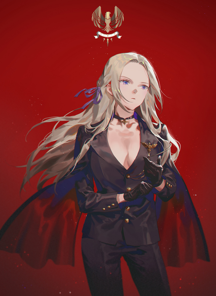 1girl adjusting_clothes adjusting_gloves breasts cape edelgard_von_hresvelg fajyobore fire_emblem fire_emblem:_three_houses formal gloves hair_ornament hair_ribbon highres long_hair looking_at_viewer no_bra ribbon silver_hair simple_background solo suit violet_eyes white_hair