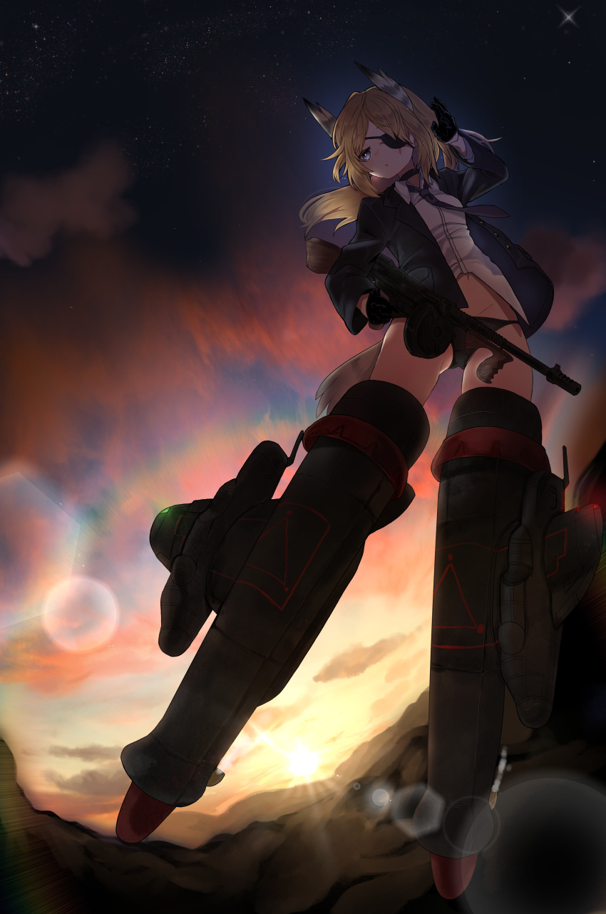 1girl absurdres ass_visible_through_thighs black_gloves black_panties blonde_hair blurry bokeh clouds commission depth_of_field eyepatch gloves gun hand_to_own_head highres ika_(hinatu1992) long_hair midriff mixed-language_commentary navel night night_sky panties scar scar_across_eye sky solo strike_witches striker_unit submachine_gun sunset thighs thompson_submachine_gun underwear weapon world_witches_series