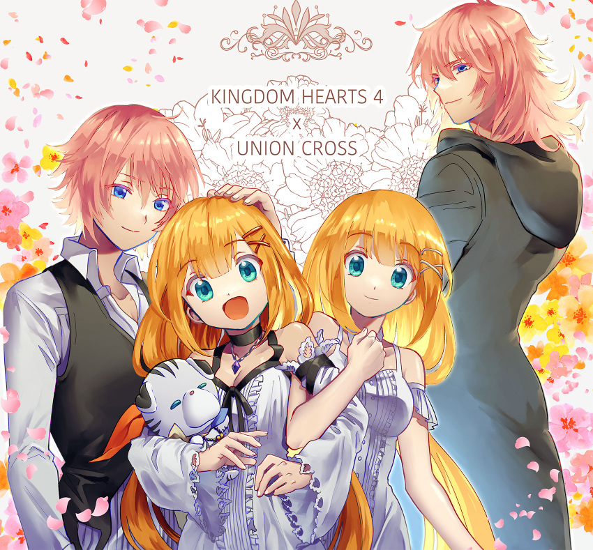 black_coat black_coat_(kingdom_hearts) blue_eyes brother_and_sister brown_hair chirithy coat dress dual_persona flower hand_on_another's_head highres kingdom_hearts kingdom_hearts_iv kingdom_hearts_x lauriam locked_arms looking_at_another looking_at_viewer maimai_melc marluxia pink_hair siblings smile strelitzia_(kingdom_hearts)
