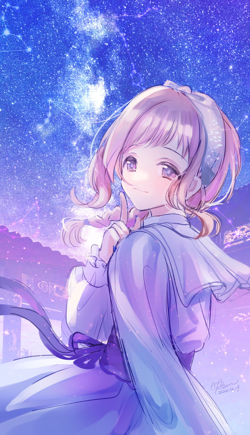 1girl absurdres braid braided_ponytail brown_hair constellation finger_to_mouth highres idolmaster idolmaster_shiny_colors kevn light_smile long_sleeves looking_at_viewer looking_back milky_way night night_sky outdoors puffy_long_sleeves puffy_sleeves sakuragi_mano sky solo star_(sky)