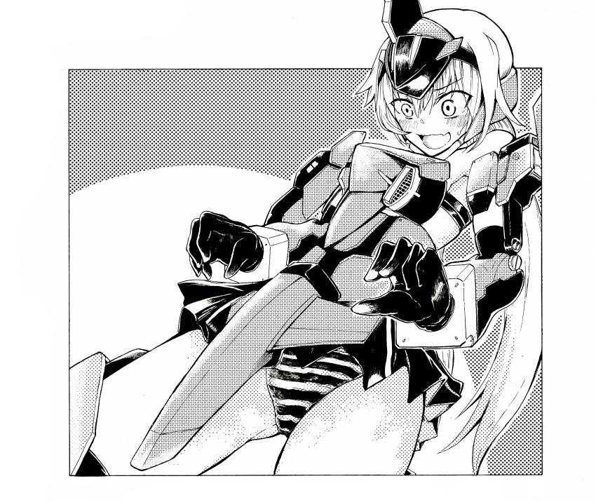1girl blush elbow_gloves embarrassed eyebrows_visible_through_hair fang frame_arms_girl gloves greyscale highres long_hair looking_down mecha_musume miaawa monochrome open_mouth panties short_hair skin_fang skirt solo striped striped_panties stylet underwear