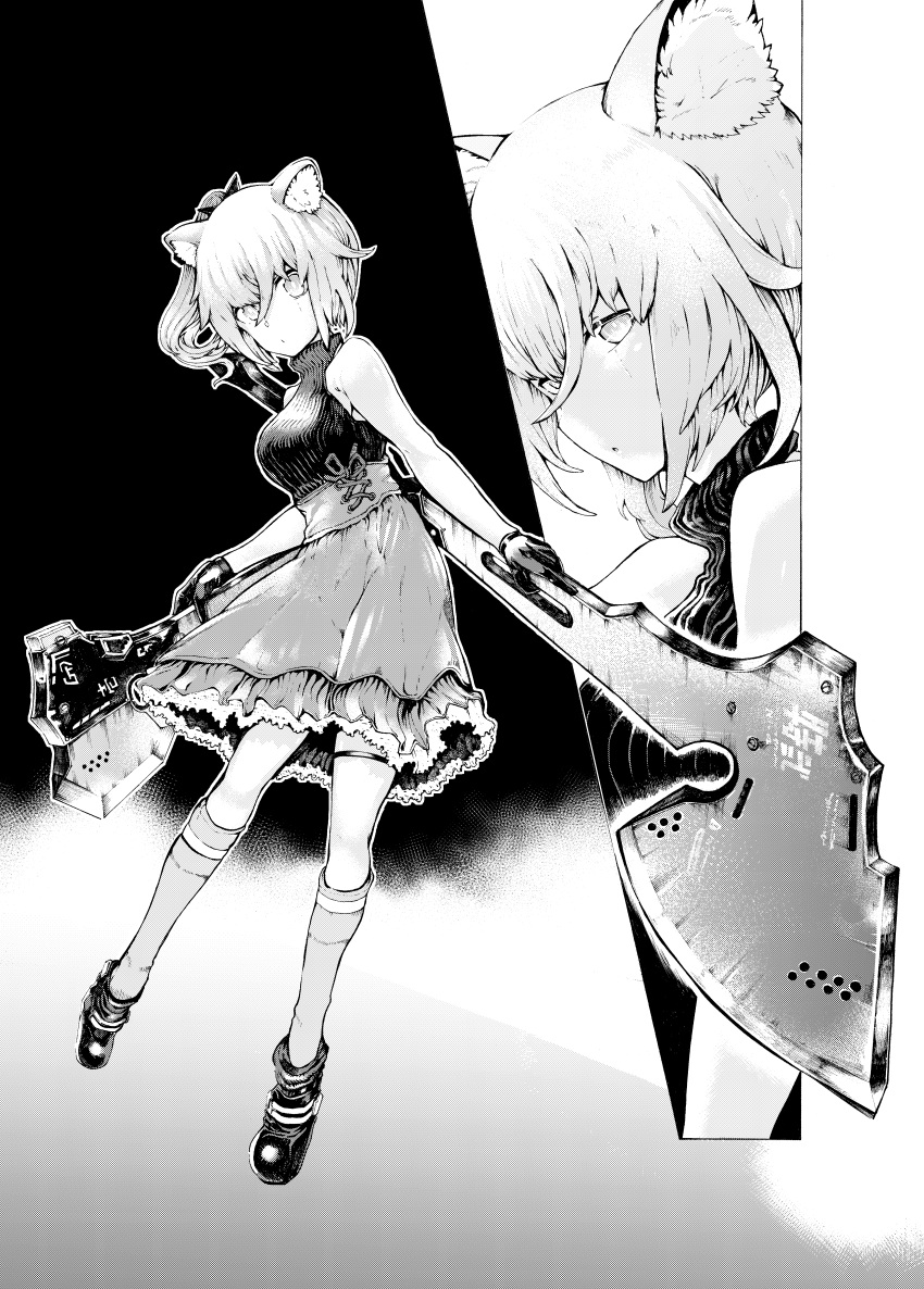 1girl absurdres animal_ears axe bangs boots breasts cat_ears cat_girl commission expressionless eyebrows_behind_hair greyscale highres holding holding_axe huge_weapon leaning_to_the_side looking_at_viewer medium_breasts miaawa monochrome original side_ponytail skeb_commission skirt solo_focus weapon