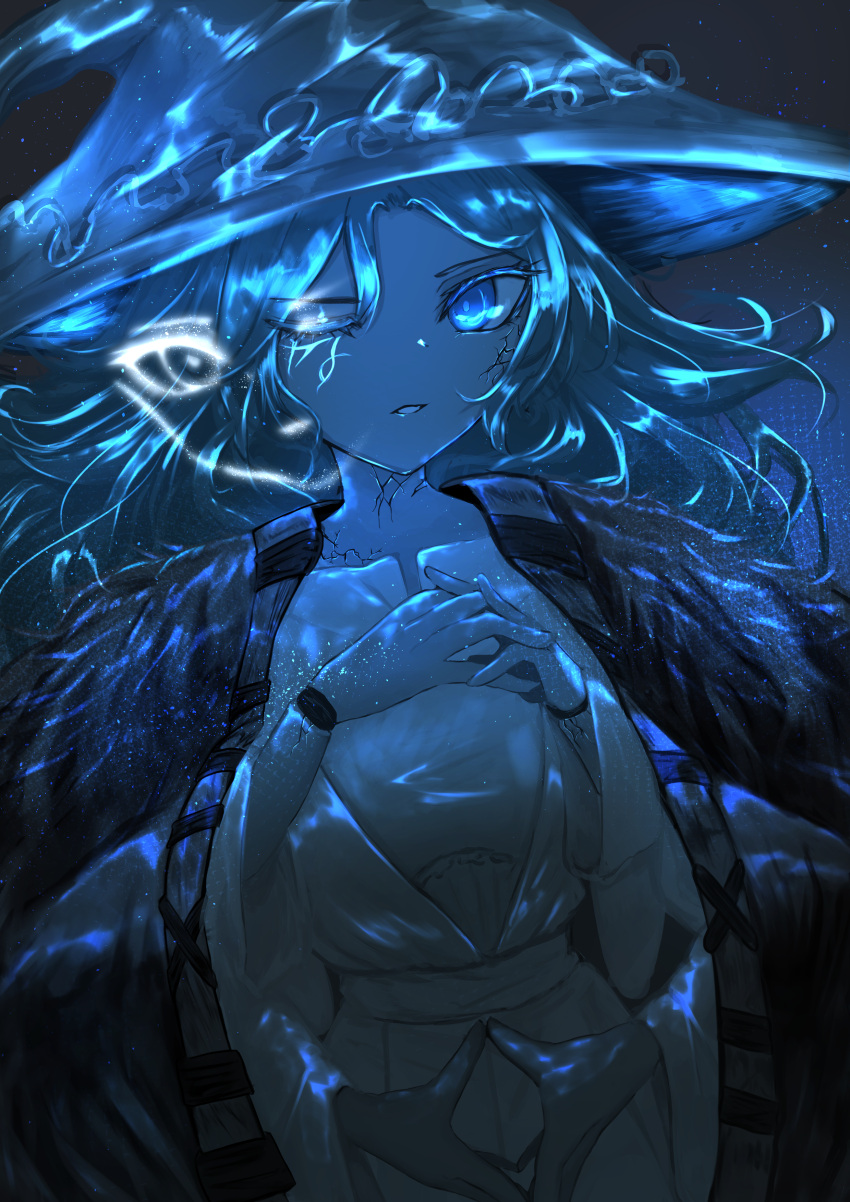 1girl absurdres blue_eyes blue_skin blue_theme cloak colored_skin cracked_skin cvel_1014 dress elden_ring extra_arms extra_faces flat_chest fur_cloak hands_up hat highres interlocked_fingers looking_at_viewer monochrome own_hands_together parted_lips ranni_the_witch solo steepled_fingers white_dress witch_hat