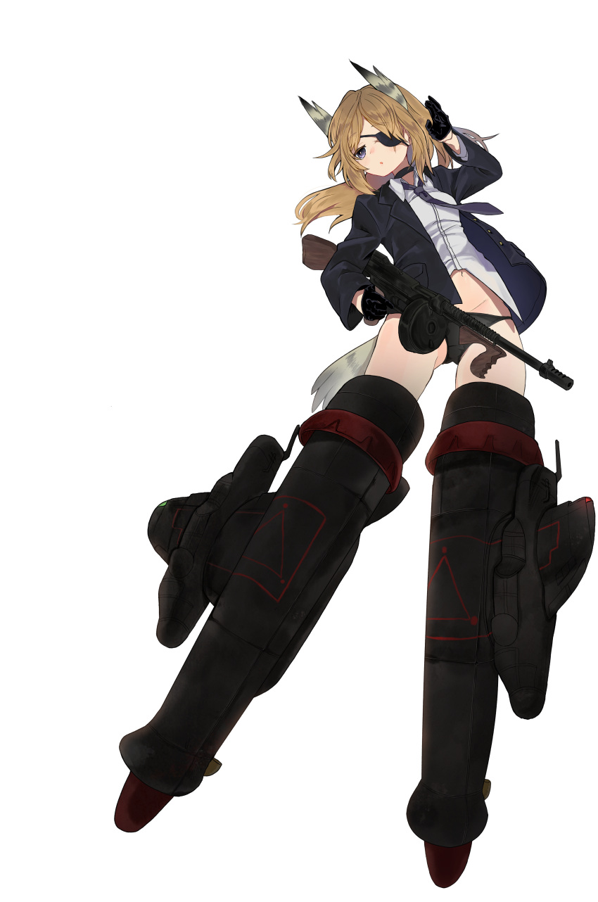 1girl absurdres ass_visible_through_thighs black_gloves black_panties blonde_hair commission eyepatch gloves gun hand_to_own_head highres ika_(hinatu1992) long_hair midriff mixed-language_commentary navel panties scar scar_across_eye solo strike_witches striker_unit submachine_gun thighs thompson_submachine_gun underwear weapon white_background world_witches_series