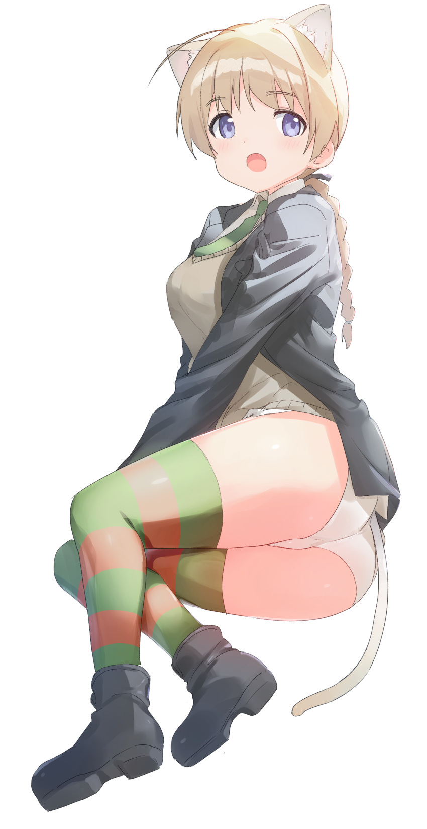 1girl absurdres ahoge animal_ear_fluff animal_ears arm_support ass black_footwear black_jacket blonde_hair blue_eyes blush cat_ears cat_tail green_necktie highres jacket long_braid looking_at_viewer lynette_bishop mejina necktie open_mouth panties solo strike_witches striped striped_legwear tail tan_sweater thigh-highs thighs underwear white_background white_panties world_witches_series