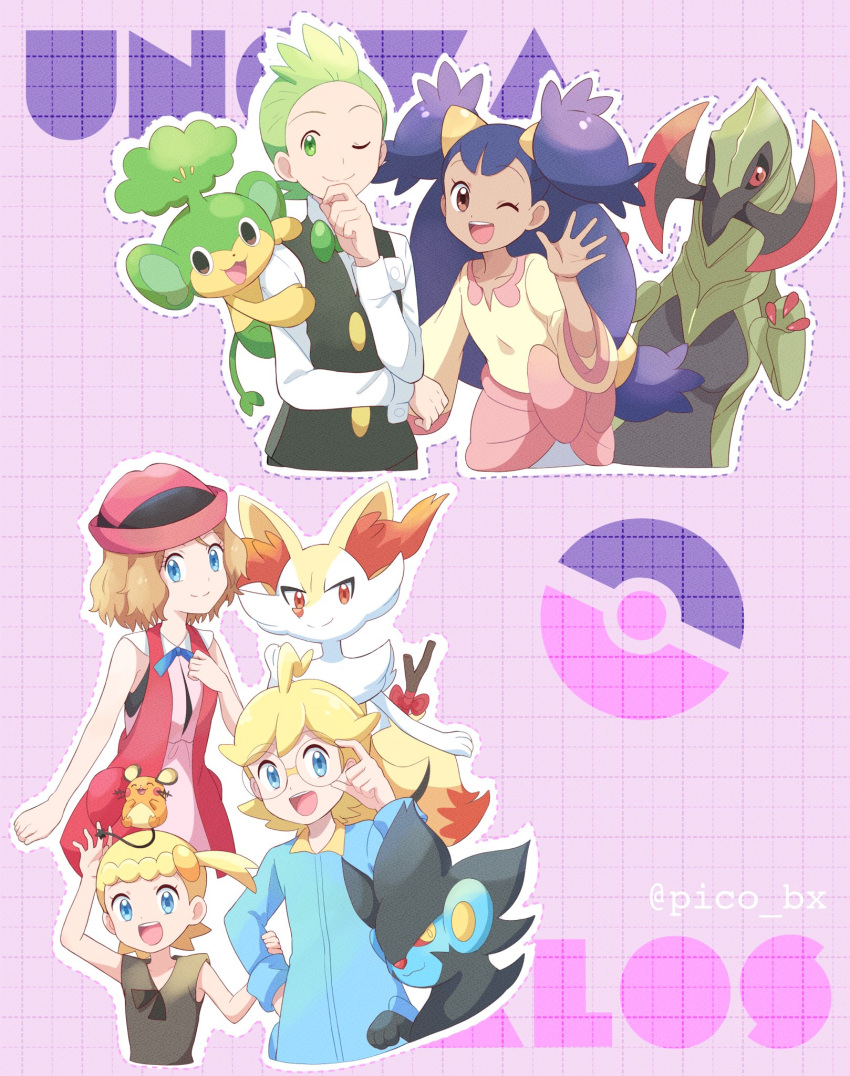 2boys 3girls ;d ahoge bare_arms black_vest blonde_hair blue_jumpsuit blue_ribbon bonnie_(pokemon) bow bowtie braixen brown_eyes brown_shirt cilan_(pokemon) clemont_(pokemon) closed_mouth collared_shirt commentary_request dedenne eyelashes glasses green_bow green_bowtie green_eyes green_hair hand_on_own_chin hand_up hat haxorus highres iris_(pokemon) jumpsuit long_hair long_sleeves luxray medium_hair mei_(maysroom) multiple_boys multiple_girls neck_ribbon no_sclera on_head one_eye_closed open_mouth outline pansage poke_ball_symbol pokemon pokemon_(anime) pokemon_(creature) pokemon_(game) pokemon_bw_(anime) pokemon_on_head pokemon_xy pokemon_xy_(anime) purple_background purple_hair ribbon round_eyewear serena_(pokemon) shirt short_hair sleeveless smile stroking_own_chin teeth tongue twitter_username two_side_up upper_teeth vest waving white_shirt yellow_shirt