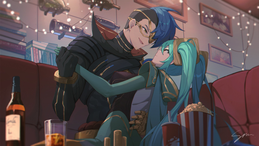 1boy 1girl :d bangs blue_hair book book_stack bottle breasts brown_eyes character_request couch eye_contact eyepatch food glass green_hair hair_ornament highres holding holding_hands hood hood_down indoors kayn_(league_of_legends) lantian_lanz large_breasts league_of_legends long_hair long_sleeves looking_at_another odyssey_kayn open_mouth popcorn signature smile sona_(league_of_legends) twintails