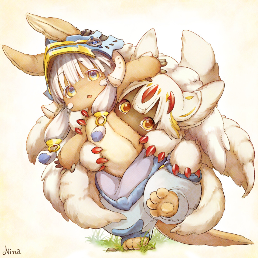 1girl 1other absurdres ambiguous_gender bangs claws closed_eyes extra_arms faputa fewer_digits furry helmet highres hug hug_from_behind looking_at_viewer made_in_abyss monster_girl nanachi_(made_in_abyss) nina_(maurururoa) open_mouth signature whiskers white_fur white_hair yellow_eyes