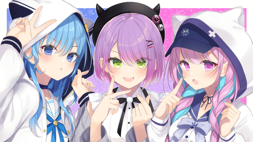 3girls :d :o anchor_symbol animal_ears animal_hood arm_up badge bangs beret black_headwear blue_bow blue_eyes blue_hair blue_nails blue_sailor_collar blush bow braid button_badge cat_hood collared_shirt commentary dress_shirt ear_piercing earrings english_commentary eyebrows_visible_through_hair fake_animal_ears fake_horns frilled_sailor_collar frills green_eyes grey_jacket hair_between_eyes hair_ornament hairclip hat highres hololive hood hood_up hooded_jacket horned_headwear horns hoshimachi_suisei jacket jewelry long_hair long_sleeves minato_aqua multicolored_hair multiple_girls nail_polish open_clothes open_jacket parted_lips piercing pink_hair puffy_long_sleeves puffy_sleeves purple_hair sailor_collar sasahara_wakaba school_uniform serafuku shirt sleeveless sleeveless_shirt smile tokoyami_towa twin_braids two-tone_hair upper_body v violet_eyes virtual_youtuber white_sailor_collar white_shirt x_hair_ornament