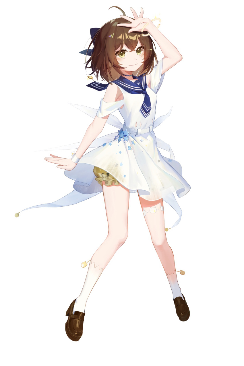 1girl absurdres ahoge arm_up bangs blue_bow blue_neckerchief blue_sailor_collar bow brown_footwear brown_hair closed_mouth collared_shirt dress full_body hair_between_eyes hair_bow highres loafers neckerchief original sailor_collar sailor_shirt shiny shiny_hair shirt shoes short_dress short_hair shorts shorts_under_dress simple_background smile solo standing white_background white_legwear white_shirt yellow_eyes yellow_shorts zrds4375