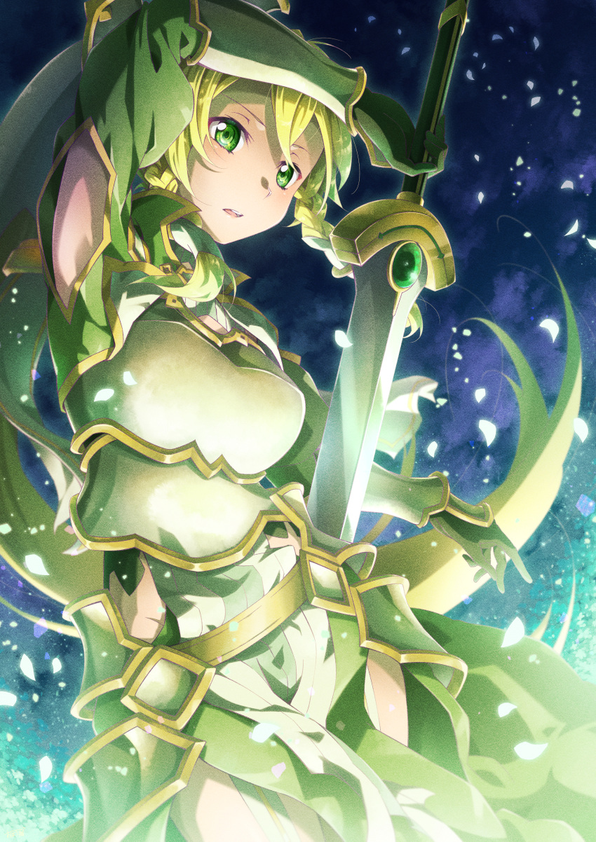 1girl absurdres armor armored_dress armpit_cutout armpits bangs blonde_hair breastplate clothing_cutout faulds floating_hair gloves green_eyes green_gloves hair_between_eyes highres holding holding_sword holding_weapon leafa_(terraria) long_hair oboro_neko open_mouth ponytail solo sword sword_art_online very_long_hair weapon