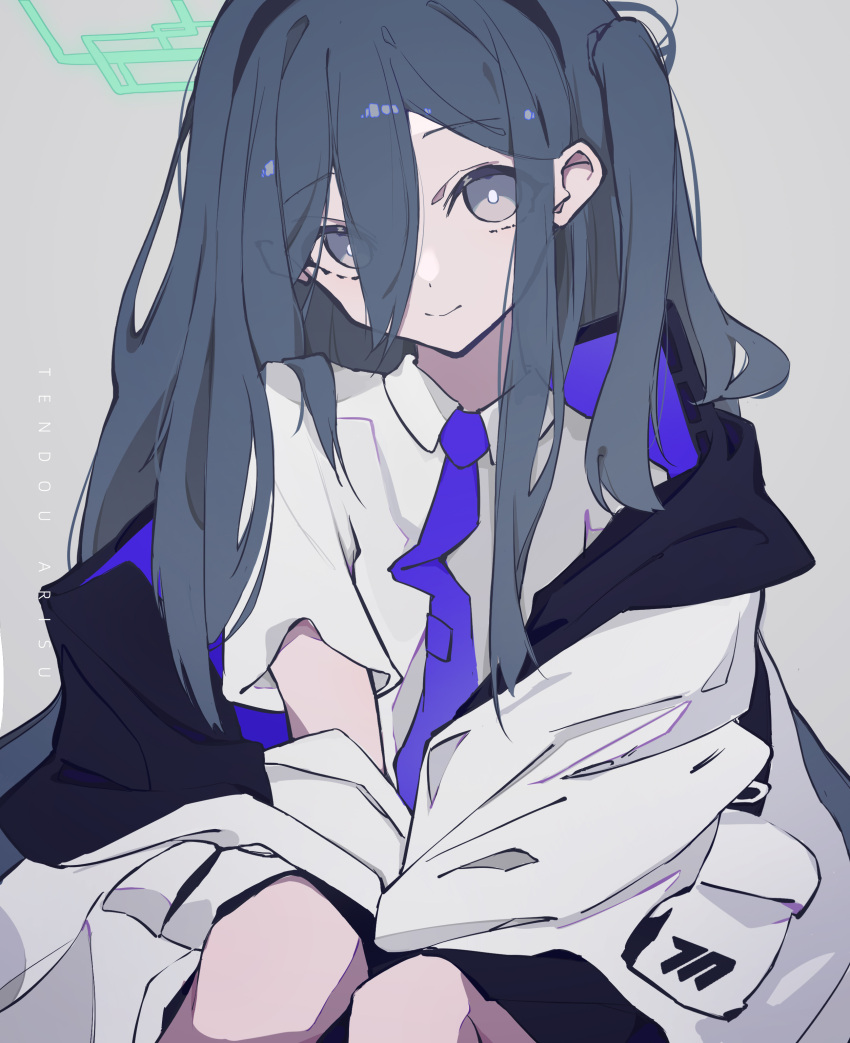 1girl absurdres arisu_(blue_archive) bangs black_hair black_hairband blue_archive blue_eyes bright_pupils character_name charlotte_kelly collared_shirt eyebrows_visible_through_hair eyes_visible_through_hair grey_background hair_between_eyes hairband halo highres jacket long_hair looking_at_viewer multicolored_clothes multicolored_jacket necktie one_side_up pleated_skirt school_uniform shirt simple_background sketch skirt smile solo tie_clip very_long_hair white_pupils