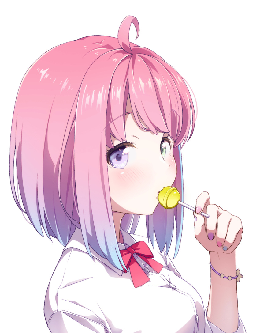 1girl ahoge bangs blue_hair blush bow bowtie candy collared_shirt eyebrows_visible_through_hair food food_in_mouth from_side gradient_hair green_eyes hand_up heterochromia highres himemori_luna holding holding_candy holding_food holding_lollipop hololive lollipop medium_hair meru_corone multicolored_hair multicolored_nails nail_polish pink_hair red_bow red_bowtie shirt sideways_glance solo streaked_hair transparent_background violet_eyes virtual_youtuber white_shirt