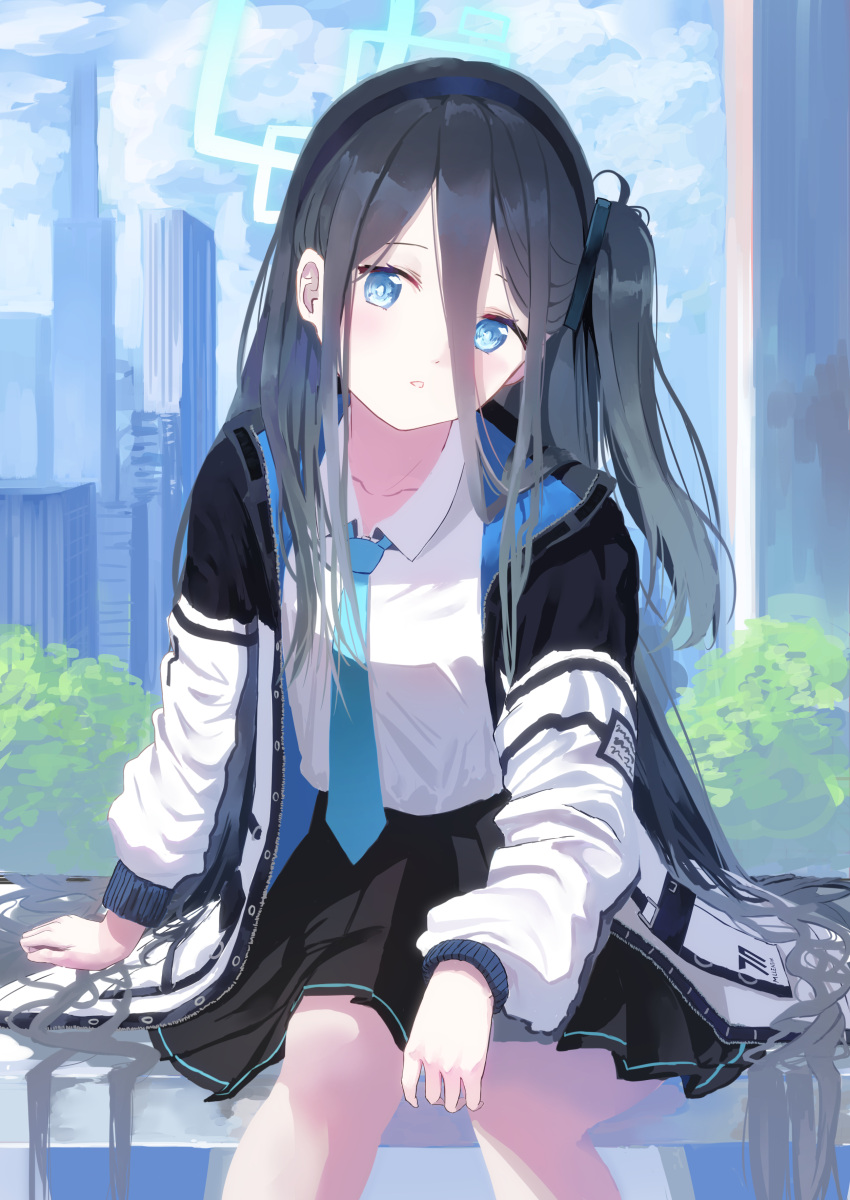 1girl absurdly_long_hair absurdres arisu_(blue_archive) black_hair black_hairband blue_archive blue_eyes breasts bright_pupils building collarbone collared_shirt expressionless hair_between_eyes hairband halo hand_on_own_knee highres jacket long_hair looking_at_viewer multicolored_clothes multicolored_jacket one_side_up outdoors pleated_skirt school_uniform shirt skirt small_breasts solo tont27 tree very_long_hair white_pupils