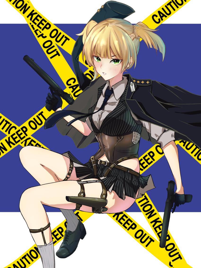 1girl :o absurdres bangs black_gloves black_skirt black_vest blonde_hair blue_jacket blue_necktie blush breasts brown_corset corset eyebrows_visible_through_hair girls_frontline gloves green_eyes gun handgun highres holding holding_gun holding_weapon holstered_weapon jacket looking_at_viewer miniskirt necktie open_clothes open_jacket open_mouth parted_lips pistol r9k1 shirt shoes short_hair simple_background skirt small_breasts socks solo twintails vest weapon welrod_mk2 welrod_mkii_(girls'_frontline) white_shirt