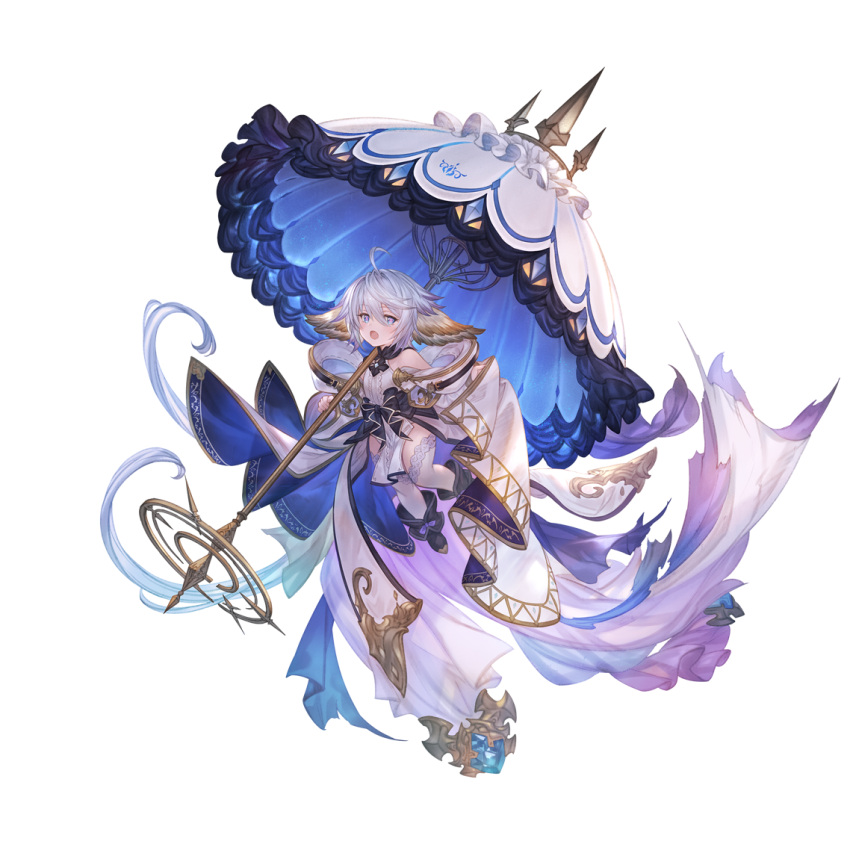 1girl ahoge animal_ears bangs blue_eyes boots flat_chest floating granblue_fantasy hair_between_eyes holding holding_umbrella holding_weapon minaba_hideo official_art open_mouth pelvic_curtain solo thigh-highs third-party_source transparent_background umbrella wamdus_(granblue_fantasy) weapon white_hair white_legwear