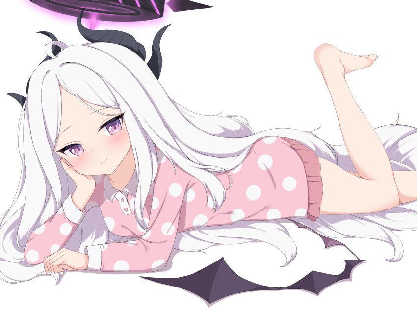 1girl arm_support bangs bed_sheet blue_archive blush commentary_request dae_(dog-of-maou) demon_girl demon_horns demon_wings eyebrows_visible_through_hair forehead highres hina_(blue_archive) horns leg_up long_hair long_sleeves looking_at_viewer lying on_stomach pajamas parted_bangs pink_pajamas polka_dot polka_dot_pajamas sidelocks simple_background smile solo violet_eyes white_background white_hair wings