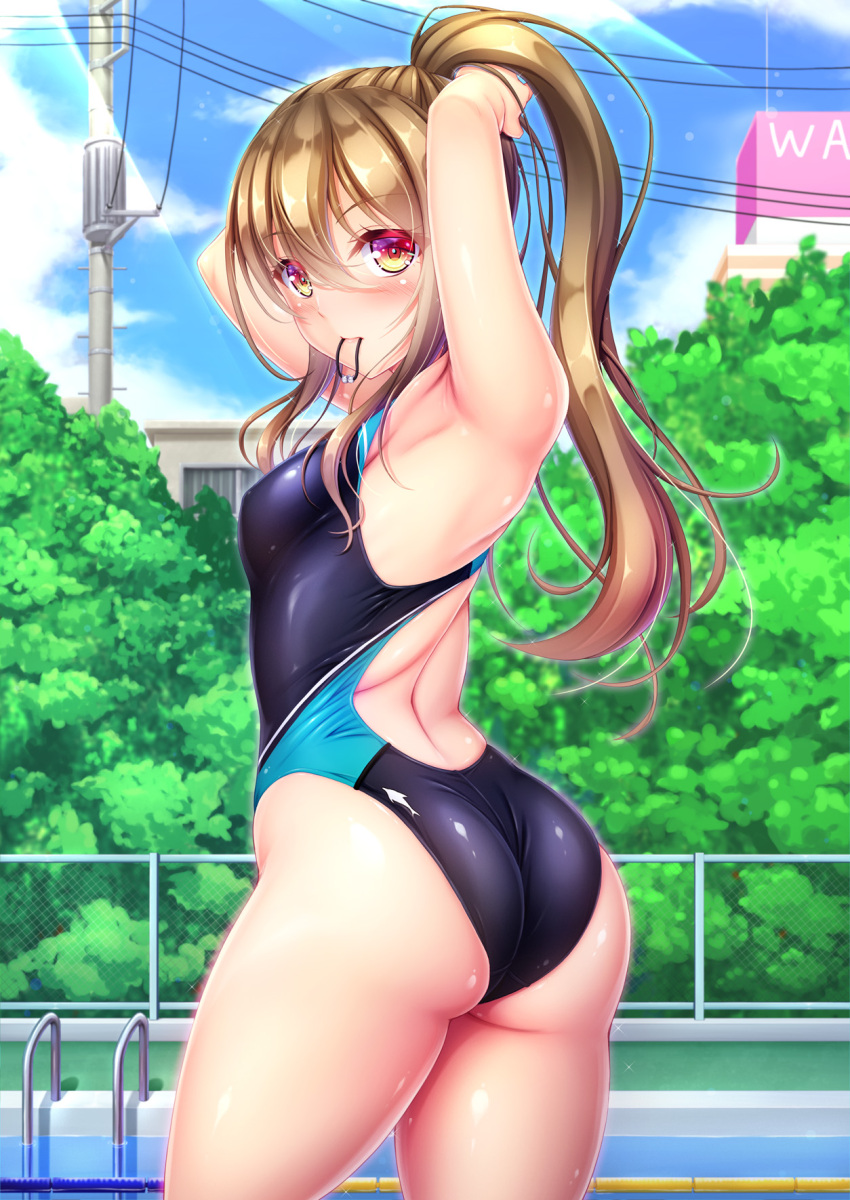 1girl armpits arms_up ass back bangs black_swimsuit blush breasts brown_hair building chain-link_fence commentary_request competition_swimsuit eyebrows_visible_through_hair fence highres hiro_(725611) long_hair looking_at_viewer mouth_hold one-piece_swimsuit original outdoors ponytail pool pool_ladder poolside power_lines red_eyes small_breasts solo standing swimsuit thighs tree tying_hair utility_pole
