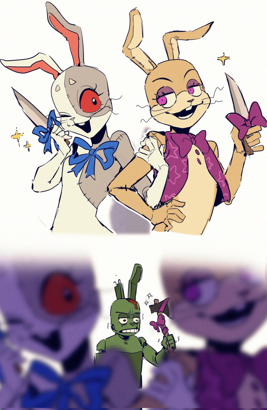 1boy 1girl animal_costume axe blood bodysuit bow bowtie bunny_costume burntrap five_nights_at_freddy's five_nights_at_freddy's:_security_breach fullbban_g furry furry_female glitchtrap highres injury jacket knife looking_at_another mask open_mouth red_eyes ribbon smile sparkle teeth upper_body vanny_(fnaf) violet_eyes weapon