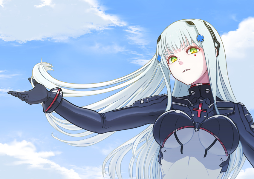 1girl bangs blue_sky bodysuit breasts earpiece eyebrows_visible_through_hair girls_frontline green_eyes hair_ornament hairclip highres hk416_(girls'_frontline) hk416_(midnight_evangelion)_(girls'_frontline) light_blue_hair long_hair looking_at_viewer medium_breasts official_alternate_costume open_mouth sky solo teardrop_facial_mark teardrop_tattoo tomtom_drawing upper_body