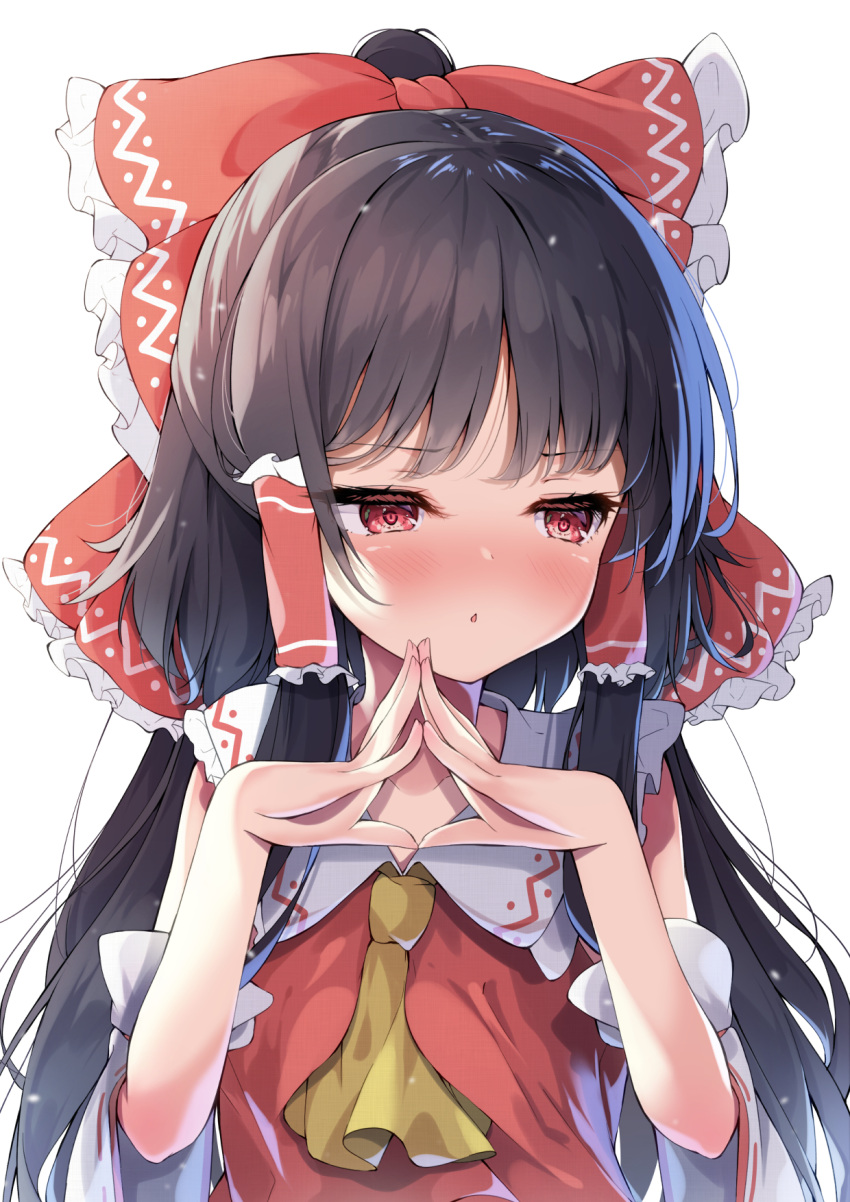 1girl :&lt; ascot blush bow brown_hair collared_dress detached_sleeves dress eyebrows_visible_through_hair fingers_together hair_bow hair_tubes hakurei_reimu highres long_hair looking_to_the_side madotsukumo red_bow red_dress red_eyes simple_background solo touhou tube white_background wide_sleeves yellow_ascot
