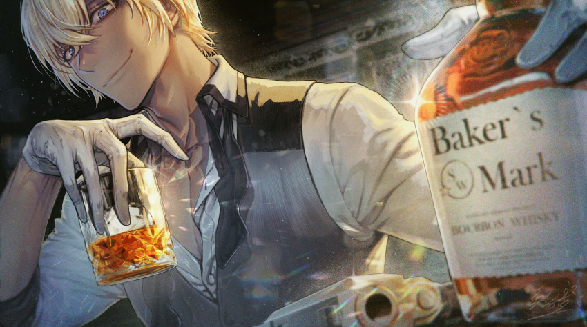 1boy amuro_tooru bangs black_vest blonde_hair blue_eyes blurry blurry_foreground bottle collared_shirt cup dark-skinned_male dark_skin drinking_glass foreshortening gloves hair_between_eyes head_tilt highres holding holding_cup jiao_mao looking_at_viewer male_focus meitantei_conan partially_unbuttoned pectoral_cleavage pectorals shirt short_hair smile solo upper_body vest white_gloves white_shirt wine_bottle wine_glass