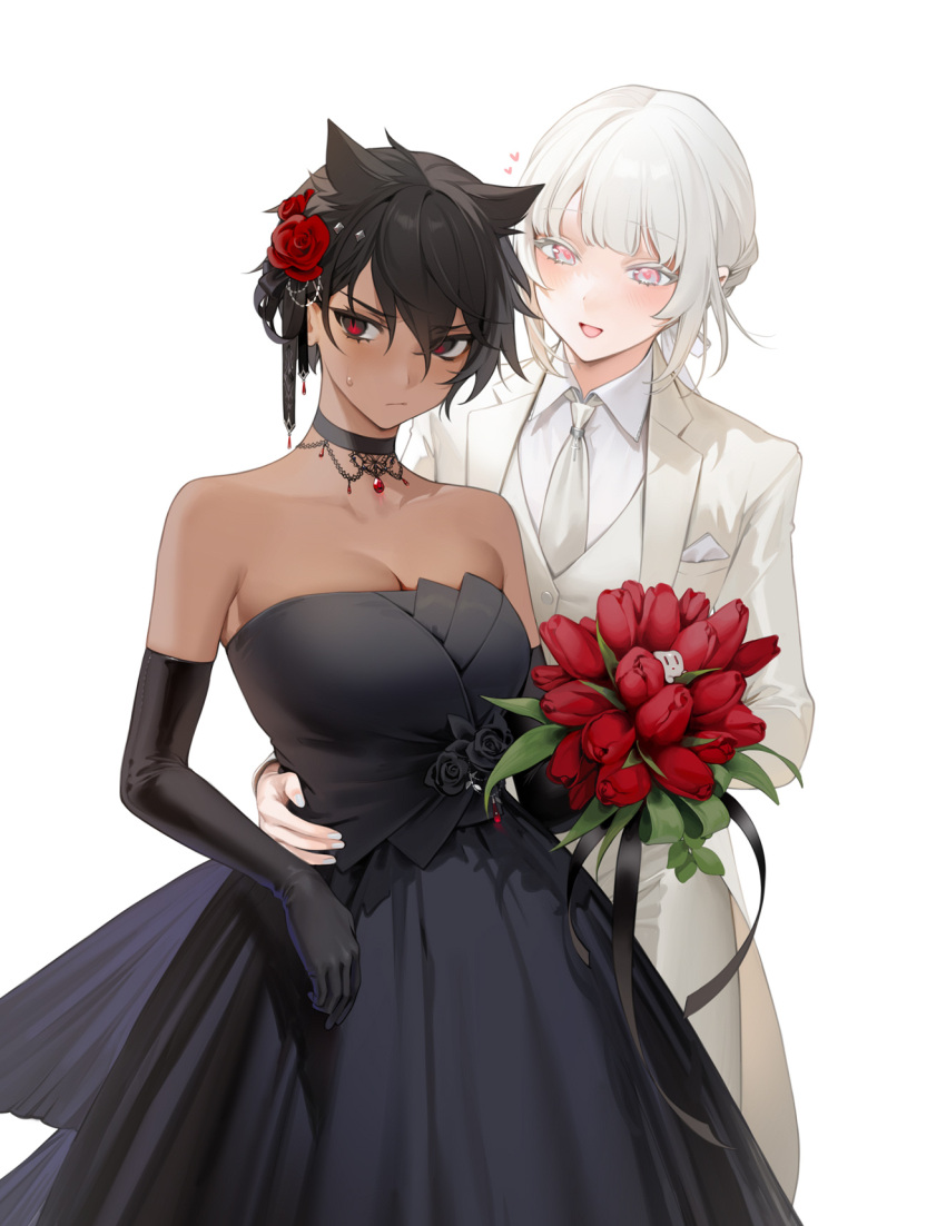2girls bangs bare_shoulders black_choker black_dress black_flower black_gloves blush bouquet breasts choker collared_shirt commentary cross_print dark-skinned_female dark_skin dress elbow_gloves eyebrows_visible_through_hair flower formal gloves hair_flower hair_ornament hair_ribbon hand_on_another's_hip highres holding holding_bouquet holding_flower jacket large_breasts looking_at_another looking_at_viewer micchan_(ohisashiburi) multiple_girls nacchan_(ohisashiburi) necktie ohisashiburi open_mouth original pants red_flower ribbon shirt short_hair skindentation smile sweatdrop tomboy vest wedding_dress white_hair white_jacket white_ribbon white_shirt wife_and_wife yuri