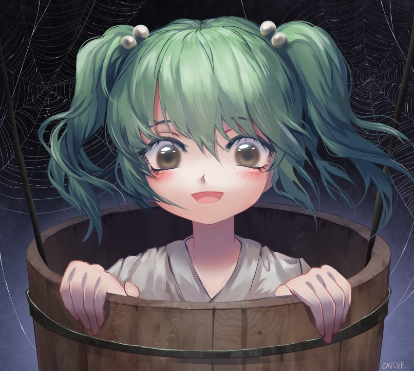 1girl :d absurdres blush bucket dark_background gradient gradient_background green_hair grey_background hair_bobbles hair_ornament highres in_bucket in_container kisume looking_at_viewer open_mouth shianebulae short_hair silk simple_background smile solo spider_web touhou two_side_up wooden_bucket
