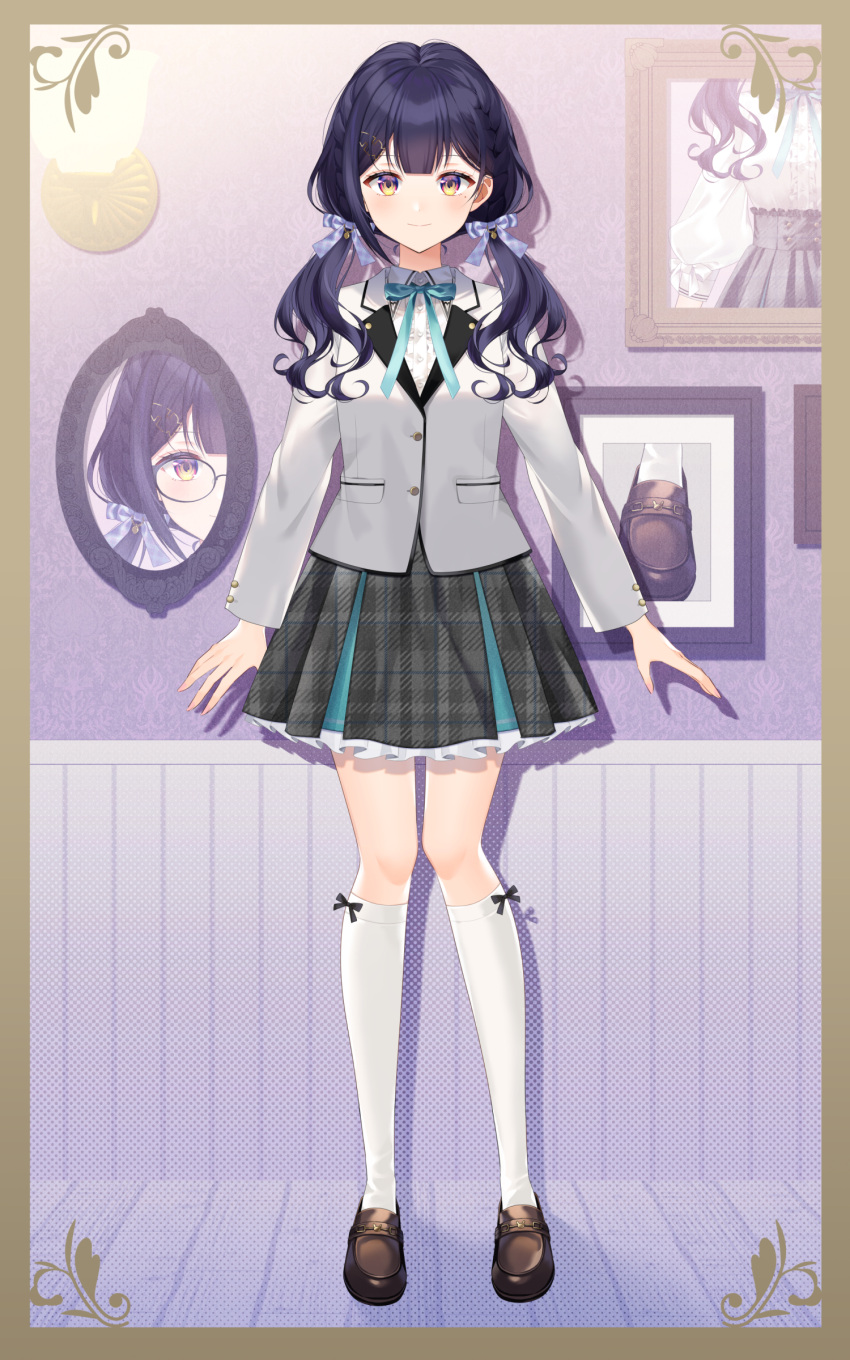 1girl absurdres bangs black_footwear black_hair blazer blue_bow bow center_frills closed_mouth copyright_request eyebrows_visible_through_hair frilled_skirt frills full_body grey_jacket grey_skirt hair_bow highres jacket kneehighs loafers long_hair long_sleeves low_twintails multiple_views myusha plaid plaid_bow plaid_skirt purple_bow red_eyes shirt shoes skirt smile twintails virtual_youtuber white_legwear white_shirt