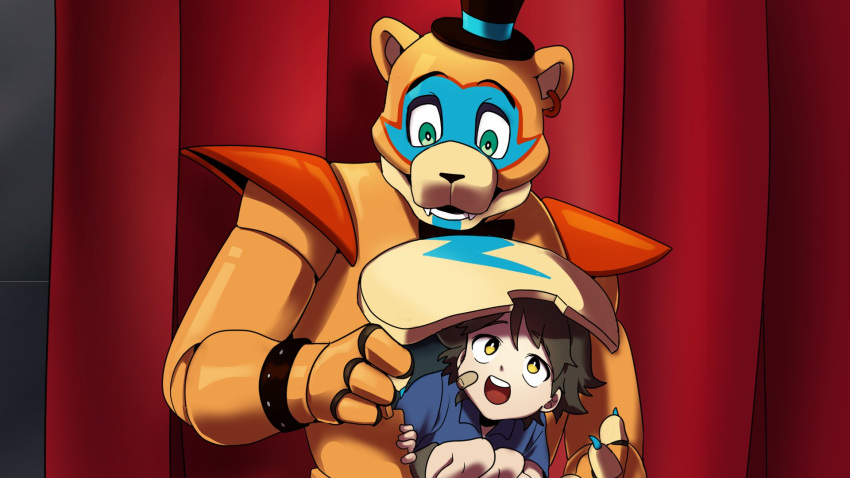 2boys animal_robot bandaid bandaid_on_face bow bowtie brown_hair child collared_shirt commentary_request curtains ear_piercing earrings five_nights_at_freddy's five_nights_at_freddy's:_security_breach freddy_fazbear fullbban_g furry furry_male glamrock_freddy gregory_(fnaf) hat highres jewelry korean_commentary looking_at_another male_focus messy_hair multiple_boys open_mouth piercing robot shirt shorts shoulder_pads smile teeth yellow_eyes