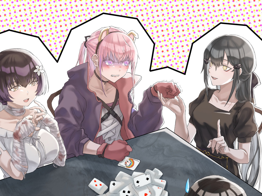 4girls april_fools bandaged_arm bandaged_neck bandages bangs black_dress black_hair blood_on_arm blush breasts card card_game chair chinese_commentary collarbone dandelion_(girls'_frontline) dress eyebrows_visible_through_hair finellen flower girls_frontline gloves hair_flower hair_ornament hairclip highres index_finger_raised jacket joker_(card) large_breasts long_hair looking_at_another looking_away machlian_(girls'_frontline) medium_breasts multiple_girls multiple_views open_clothes open_jacket open_mouth paradeus pink_hair playing_card ponytail purple_jacket red_gloves shirt short_hair simple_background sitting st_ar-15_(girls'_frontline) table teeth upper_body upper_teeth violet_eyes white_dress white_shirt yellow_eyes