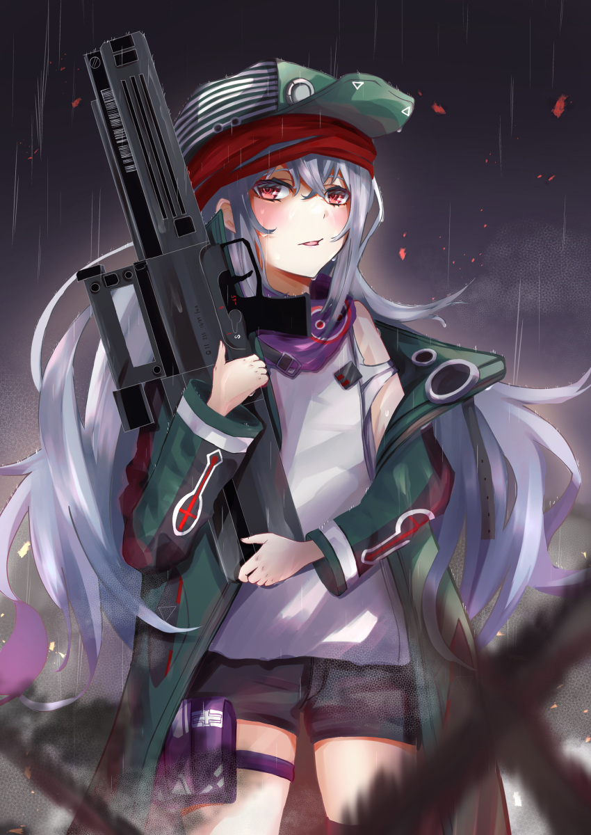 1girl absurdres assault_rifle bandana bangs black_shorts blush breasts eyebrows_visible_through_hair feet_out_of_frame g11_(girls'_frontline) girls_frontline green_headwear green_jacket gun h&amp;k_g11 highres holding holding_gun holding_weapon jacket long_hair looking_at_viewer night night_sky open_clothes open_jacket open_mouth purple_scarf r9k1 rain red_bandana red_eyes rifle scarf shirt shorts silver_hair sky small_breasts solo standing water_drop weapon white_shirt