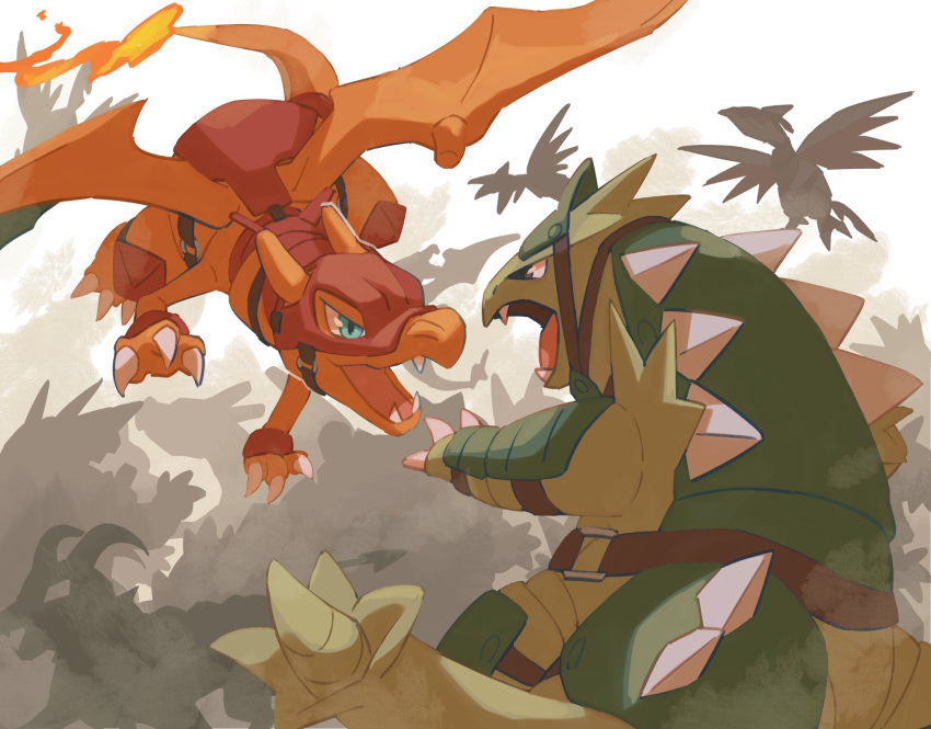 belt blue_eyes brown_belt charizard claws eye_contact fangs fighting flame-tipped_tail flying grey_eyes harness highres houndoom looking_at_another open_mouth pokemon pokemon_(creature) skarmory strap tongue torinoko_(miiko_draw) tyranitar