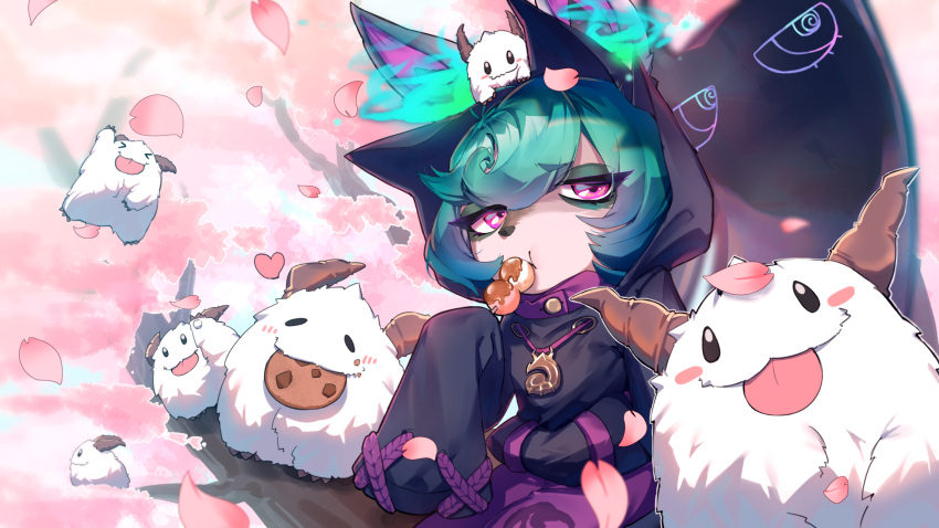 1girl blush brown_horns cherry_blossoms closed_mouth cookie eating eyebrows_visible_through_hair eyes_visible_through_hair food food_in_mouth food_on_face food_request green_hair highres holding holding_food hood horns league_of_legends long_sleeves mouth_hold petals poro_(league_of_legends) shadow short_hair sleeves_past_fingers sleeves_past_wrists tongue tongue_out vex_(league_of_legends) violet_eyes yordle yoshimori_isa