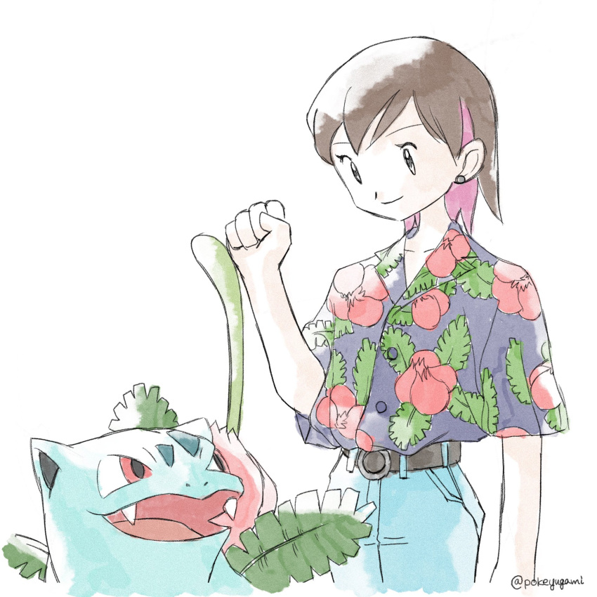 1girl bangs belt blue_pants brown_hair buttons clenched_hand closed_mouth collarbone collared_shirt commentary_request earrings fist_bump floral_print grey_eyes hand_up highres ivysaur jewelry looking_down pants plant pokemon pokemon_(creature) pokeyugami shirt short_hair short_sleeves simple_background smile vines white_background