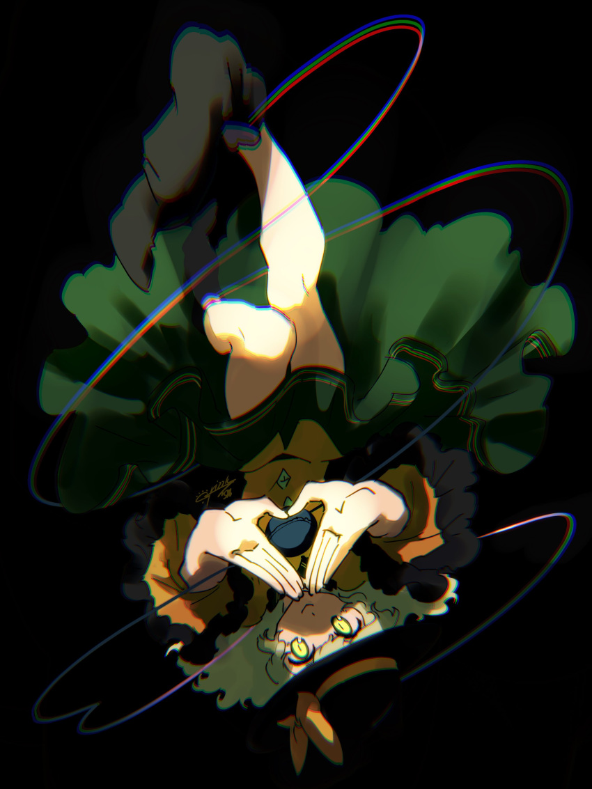 1girl 2grizzly6 absurdres bangs black_background black_footwear bow chromatic_aberration closed_mouth green_eyes green_hair green_skirt hat hat_bow heart heart_hands highres komeiji_koishi looking_at_viewer shirt short_hair simple_background skirt smile solo touhou upside-down yellow_bow yellow_shirt